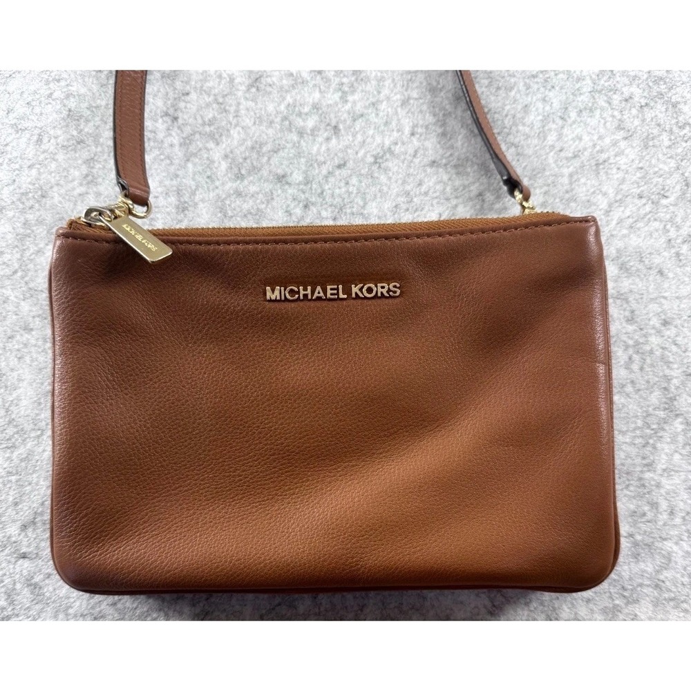 Michael Kors Adele Acorn Crossbody Bag Brown Pebbled Leather Double Zip Purse